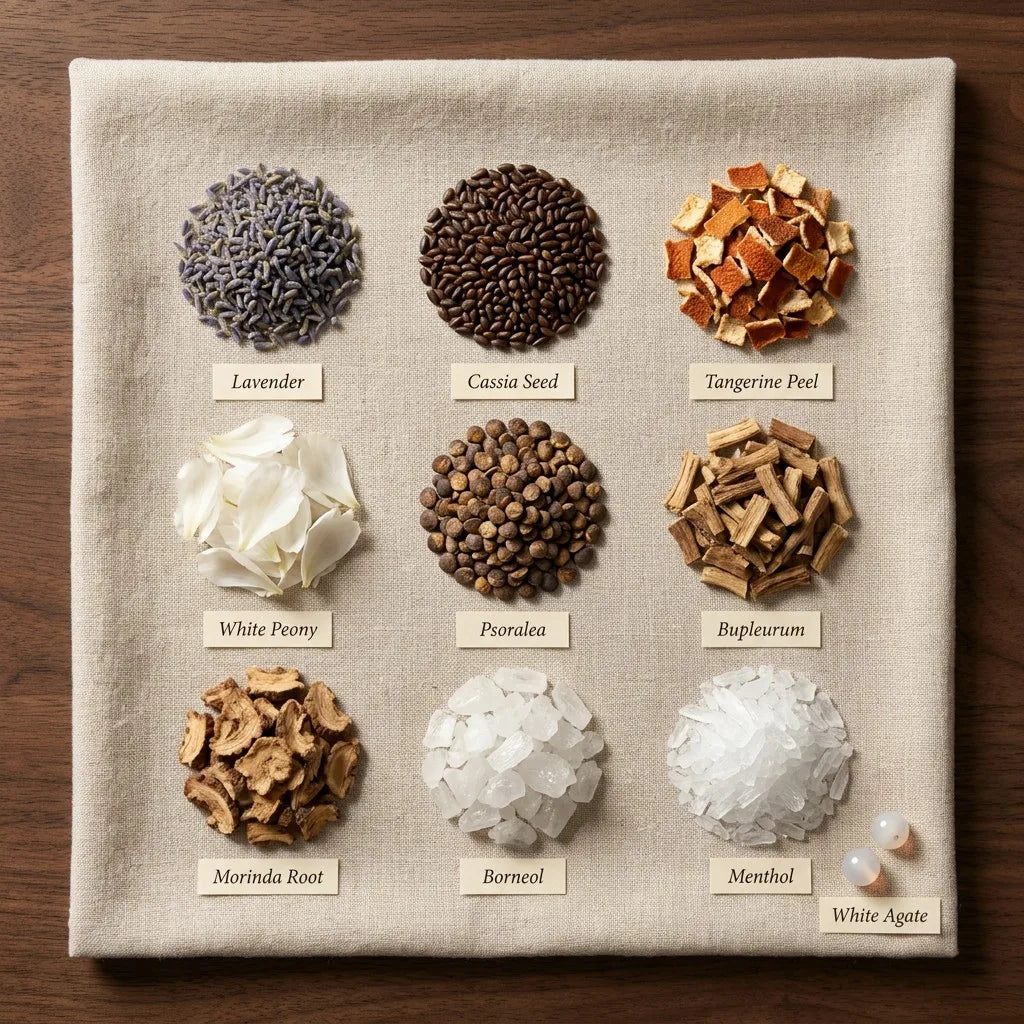 Day Reset composition — nine botanical ingredients and natural white agate