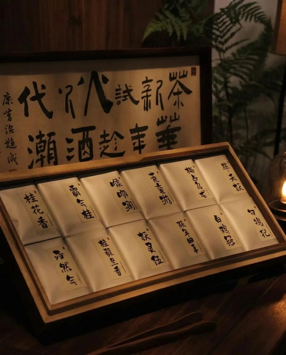 Close up of 12 individual Wuyi Rock Oolong tea pouches (4:5 vertical)