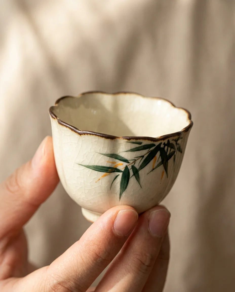 Blue Leaf Portable Tea Ritual Set close-up - scalloped flower-rim cup with hand painted bamboo leaves and crackle glaze