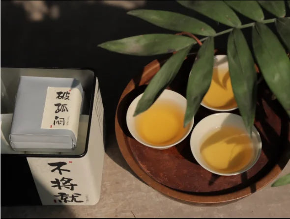 Five Realms of Wuyi: Iron tin with tea pouches and brewed tea bowls