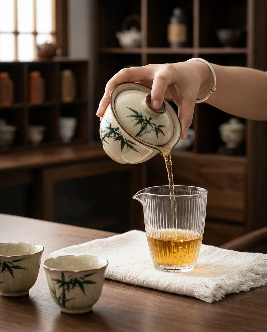 Blue Leaf Portable Tea Ritual Set pouring scene - gaiwan pouring amber tea into glass fair cup