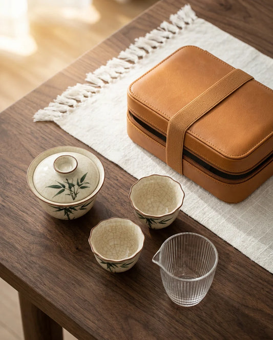 Blue Leaf Portable Tea Ritual Set full set flatlay - gaiwan two flower-rim cups glass fair cup leather travel case on woven tea cloth