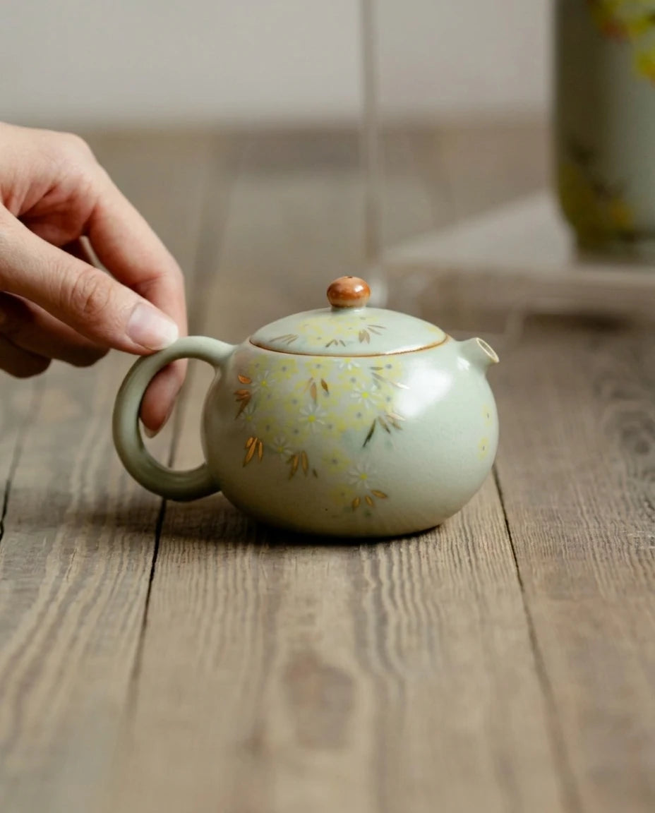 Ru Kiln Ceramic Teapot Side Profile showing elegant Xishi silhouette