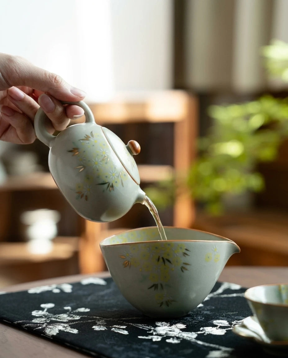 Warm tea ritual scene featuring the Daisy Ru Kiln Teapot