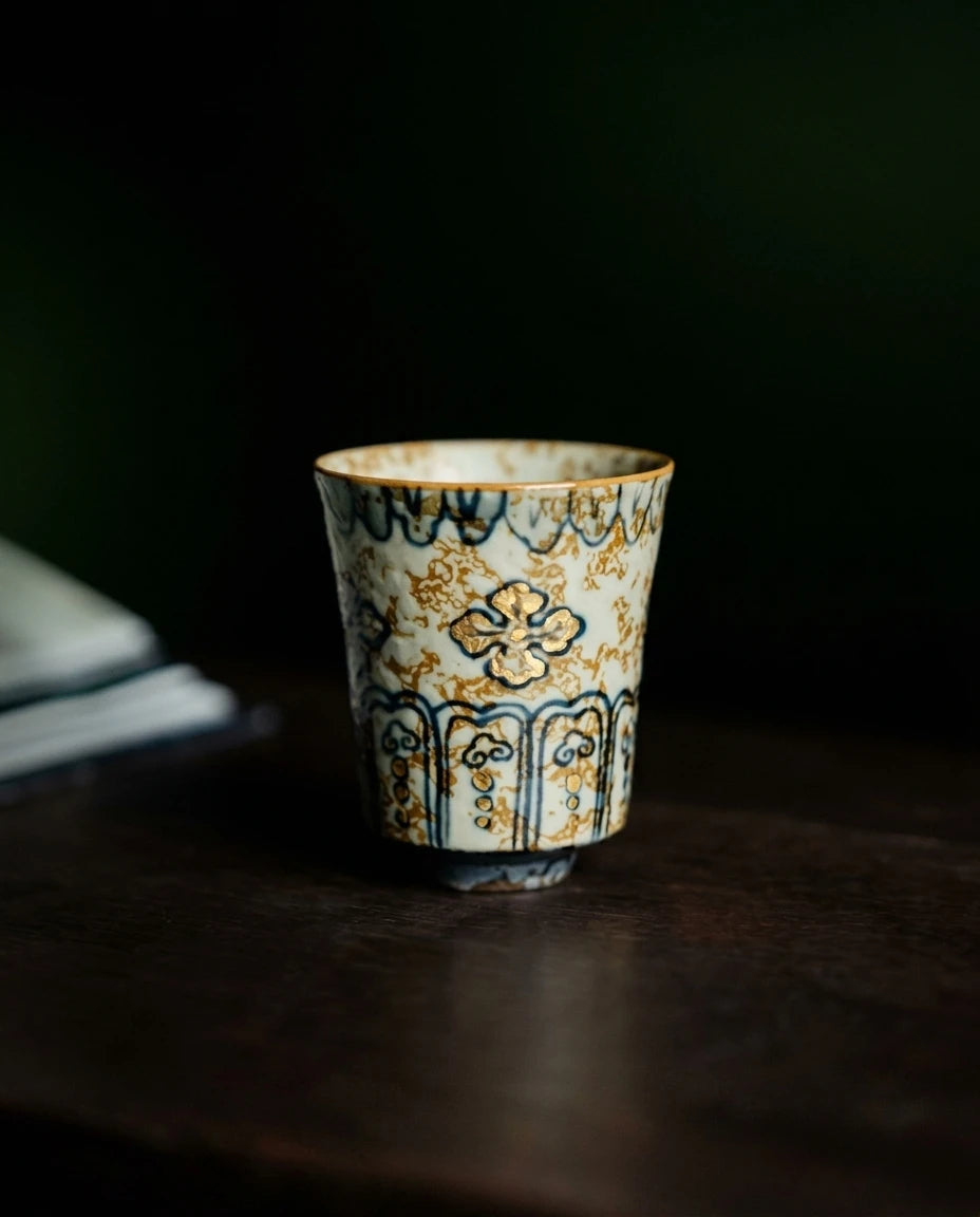 Gold-Rimmed Blue & White Master Cup: Side profile highlighting artisanal patterns