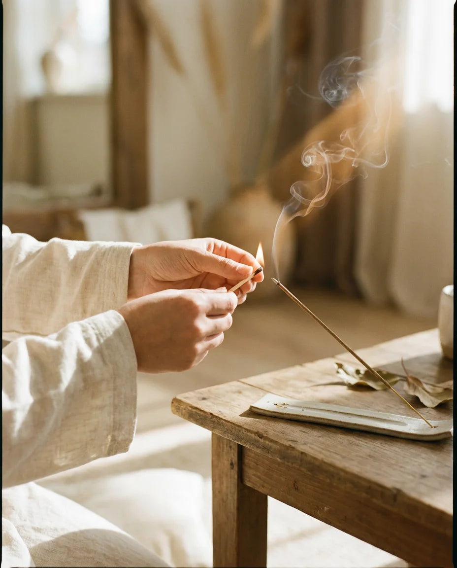 Seven Realms Incense Ritual Set: Atmospheric shot of lighting an incense stick