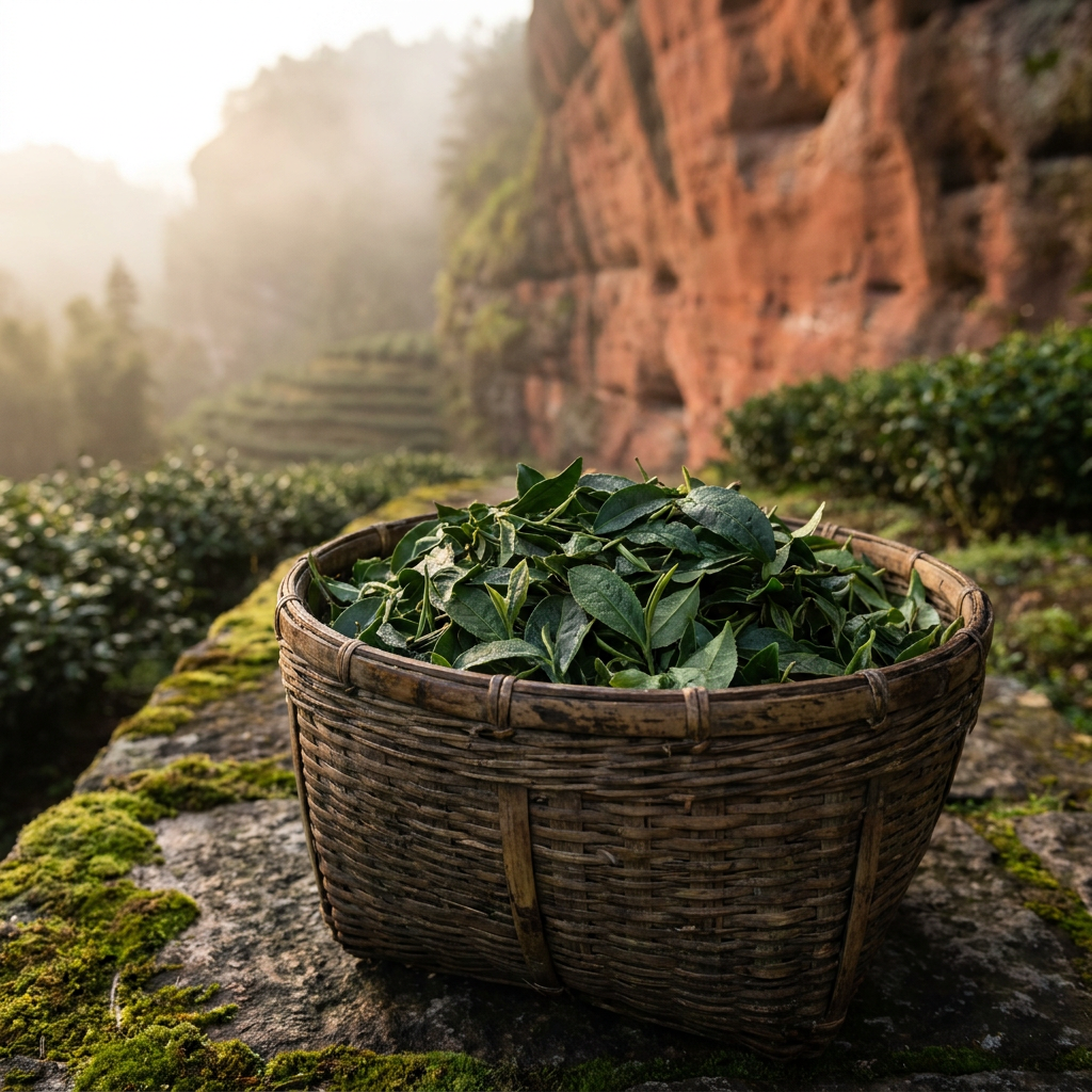 Bamboo picker's basket of fresh Wuyi rock oolong leaves at the foot of red Danxia cliffs