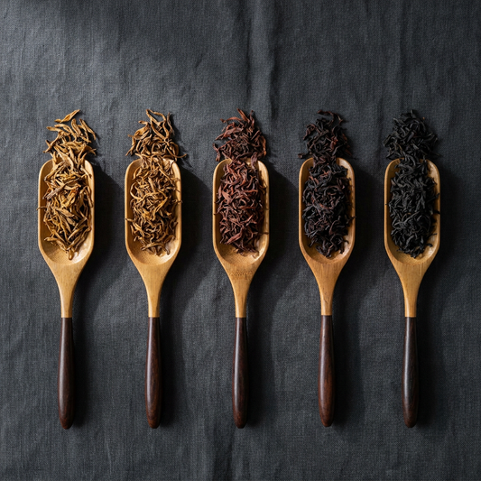 Five bamboo scoops, each holding a different Wuyi rock oolong varietal — five-flavor tasting set