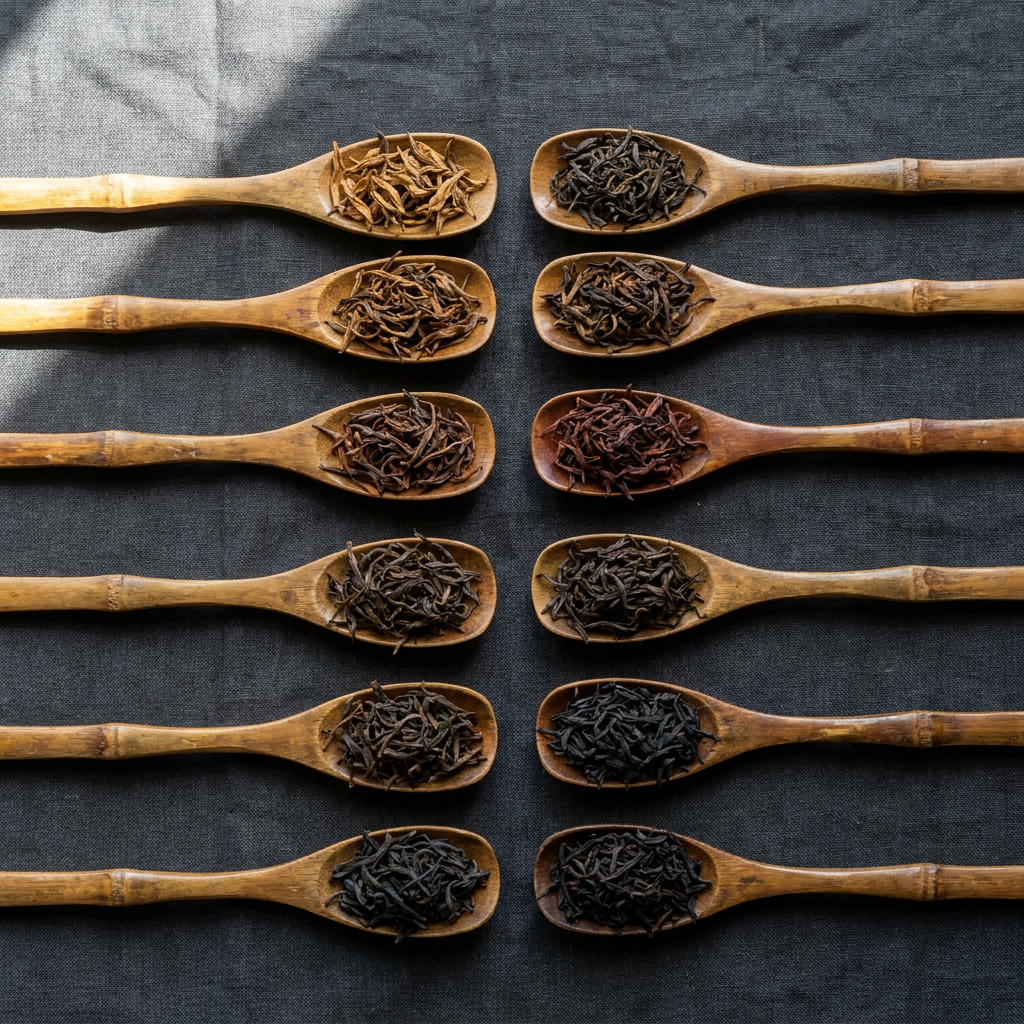 Twelve bamboo scoops, each holding a different Wuyi rock oolong varietal