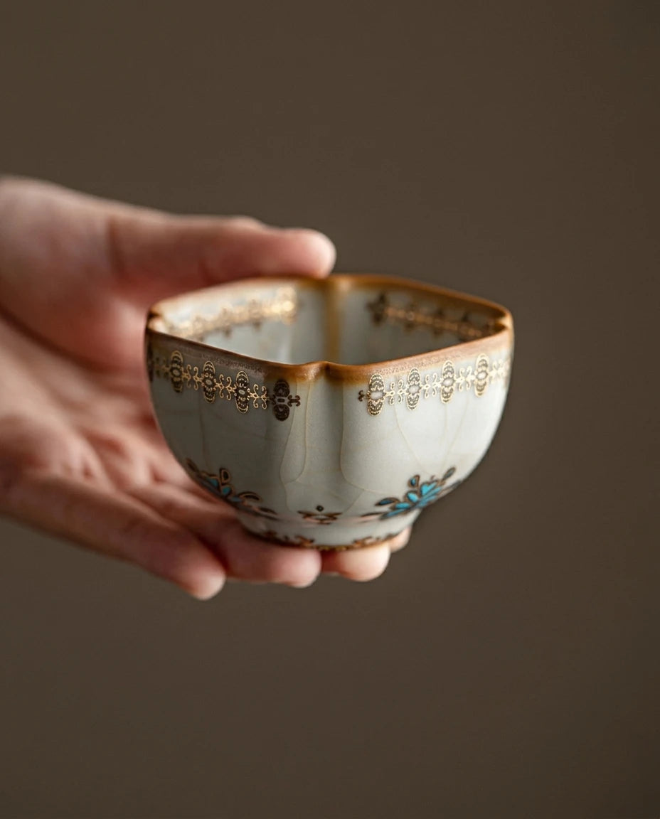 Dunhuang Ru Kiln Square Master Cup: Hand-held view showing the architectural square form
